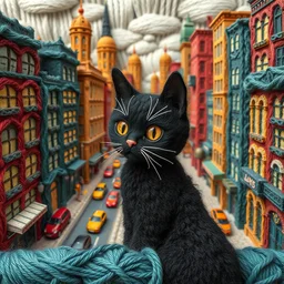 black cat in a city, the city is made of yarn