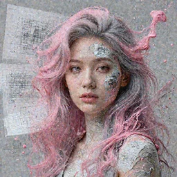 The face of a very beautiful goddess with pink and grey hair radiating an artwork made from layers of technical drawings and architectural plans, and swirling paint pours by James Jean and Ross Tran and WLOP , hyperrealism, subsurface scattering, octane render, bokeh, 8k,  xparticles