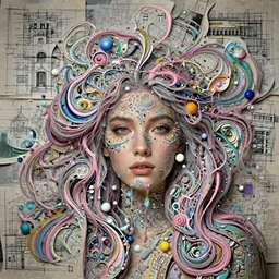The face of a very beautiful goddess with pink and grey hair radiating an artwork made from layers of technical drawings and architectural plans, and swirling paint pours by James Jean and Ross Tran and WLOP , hyperrealism, subsurface scattering, octane render, bokeh, 8k,  xparticles