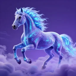 a stunning horse with bioluminescent mane and tail running in the clouds by sandra chevrier and greg rutkowski, purple blue color scheme, celtic neon runes, vaporware, retro, outrun, high key lighting, volumetric light, digital art, highly detailed, fine detail, intricate, ornate, complex, octane render, unreal engine, photorealistic