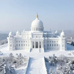 a scene concept design, depicting a magnificent snow - covered palace at the top of changbai mountain, with sunlight falling and a sea of red petunia flowers at the foot of the mountain ， super wide angle ， matte painting ， rtx on ， trending on cgsociety and artstation, unreal engine ， volumetric light ，