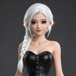 a young girl with a pleasant face, black makeup, a long white braid, in a leather corset, ultra - quality, super - detailed work, play of light, ears shine through the light, 3 d render,