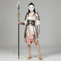 full - bodied portrait, female changeling wearing rose - patterned eastern light armor, wielding a halberd with intricate decorations, sandals, barefoot, geisha mask, realistic proportions, reasonable fantasy, ghostblade, wlop.