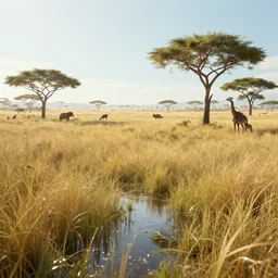 distant cyberpunk wildlife on the african plains, long grass, sparkling water, glistening, hyper realistic, hyper detailed, digital art, trending in artstation, cinematic lighting, studio quality, smooth render, unreal engine 5 rendered, octane rendered, by paul lehr