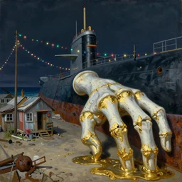 painting by dean cornwell, ilya repin, nc wyeth painting, ultra wide, vanishing point, 3 d perspective, colossal beached nuclear submarine arm leg hand, bones, limb, white marble fingers, liquid gold, gold leaf, up close, beaching, rust, midnight, junk town, makeshift house, colorful lightbulb festoon lights, telephone pole