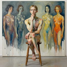 portrait of a morphed gymnast on a stool thinking by james jean and luc tuymans and hernan bas and pat steir and hilma af klint, psychological, dripping paint, high quality render, masterpiece