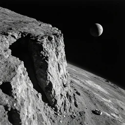 a photo of a cliff on the surface of an asteroid, careening through the cosmos, black and white, spielberg, 3 5 mm film, cinematic 4 k
