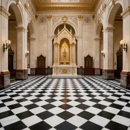 interior of a masonic temple, black and white checkered floor, photography, symmetry