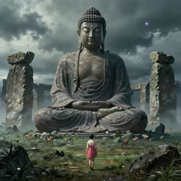 movie still from princess mononoke ( 1 9 9 7 ) showing a highly detailed landscape with a giant long - haired buddha in lotus position with stonehenge in the background. 1 9 8 0 s science fiction, 1 9 7 0 s science fiction, cyberpunk, moody, misty, depth perception, 4 k, artstation