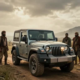 Mahindra thar, tribe members watching nearby, an epic fantasy, dramatic lighting, cinematic, establishing shot, extremely high detail, photorealistic, cinematic lighting, artstation, by steven spielberg, horizon forbidden west