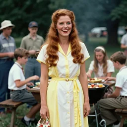 an image of a queen with tan skin long rippling cinnamon hair and emerald colored eyes attending a barbecue for youth volunteers in a medium full shot, vintage historical fantasy 1 9 3 0 s kodachrome slide german and eastern european mix. the queen is pictured standing laughing and smiling. she looks happy and proud to be there. she is dressed in a yellow white midi shirt dress paired with a floral classic pump.