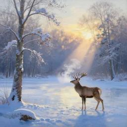 the most beautiful panoramic landscape, oil painting, where a giant dreamy lake is frozen, the trees around have snow over their leafs, a majestic deer is exhaling steam and the ray lights of the sunrise are brightening him, by greg rutkowski