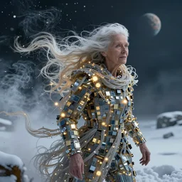 streams of smoke and snow swirl around an elderly woman wearing clothes made of computer chips, swirling flashes of gold and silver light, long wind - blown sheets, cinematic lighting, fantasy painting, distant planet