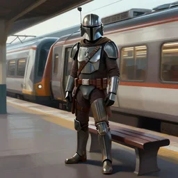 a mandalorian waiting for a train at a train station, cyberpunk art by tomer hanuka, cgsociety, photorealism, matte drawing, digital illustration, digital painting
