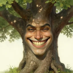 a tree with a smirking grin, highly detailed, digital painting, artstation, concept art, smooth, sharp focus, illustration, art by artgerm, greg rutkowski and alphonse mucha