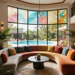 interior design of a beautiful lounge with creative windows and colorful couches, window to the pool, sharp, hyper - detailed, 8 k resolution, good lighting