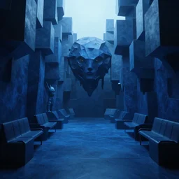 a cinematic fine portrait of the dmt trip, angular, dark blue hypercubes, hyperdimensional entities, the waiting room, octane render, nvidia raytracing demo, masterpiece