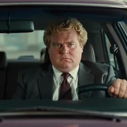 cinematic still of portly clean-shaven white man wearing suit and necktie and curly blonde blonde blonde hair as car salesman in 1994 film, XF IQ4, f/1.4, ISO 200, 1/160s, 8K, RAW, dramatic lighting, symmetrical balance, in-frame