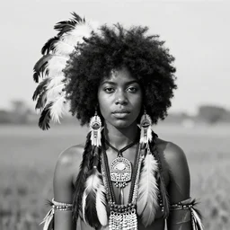 very old 1 8 1 0 photo of beautiful young black woman with afro with feathers in hair, wearing native american grabs, hyper realism, photo real, black and white, jose vagara, photographed by thomas easterly, full frame,,