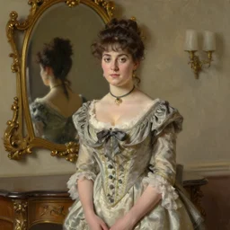 oil portrait of a victorian lady wearing a beautiful dress in front of aa victorian mirror by greg rutowsky, trending on artstation
