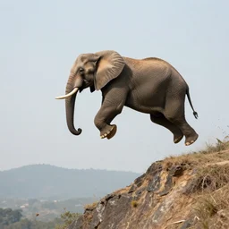 dslr photo still of an elephant leaping off a mountain flying through the air, 4 k, 1 2 0 mm f 1 6