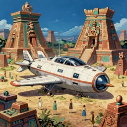 anime aztec spaceship, temple, intricate oil painting by greg rutkowski, trending on artstation