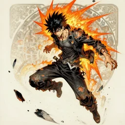 a mad guy with spike black hair, orange spike aura in motion, damaged clothes, floating pieces, painted by art by tsuyoshi nagano, greg rutkowski, artgerm, alphonse mucha