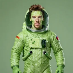 photography of picklerick, green astronaut suite face benedict cumberbatch, cucumber