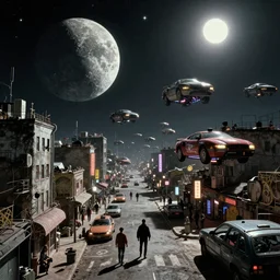 A cyberpunk gopnik on the street of a Russian cyberpunk slum on the Moon, lots of flying cars, diverse, lively, black sky full of stars, blinding sun, sci-fi, lots of flying cars, levitation, cyberpunk outfits, photorealistic, grainy, 35mm, intricate, very very beautiful, elegant, smooth, cinematic, Unreal Engine 5, by Beeple, trending on Artstation HD