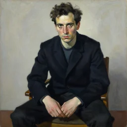 painting of a man sitting on a chair, staring at you with an intense expression, by georg baselitz