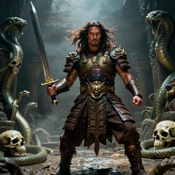 7 0 mm film still from conan the barbarian, jason momoa as conan with a giant sword wearing ornate dragon armor in the wet tombs of medusa skulls and snakes, cinematic, volumetric lighting, mist, wet skin and windblown hair, muscular!!!, heroic masculine pose, ridley scott