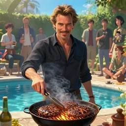 highly detailed portrait of willem dafoe grilling hamburgers poolside, stephen bliss, unreal engine, fantasy art by greg rutkowski, loish, rhads, ferdinand knab, makoto shinkai and lois van baarle, artgerm, pixar, ilya kuvshinov, rossdraws, tom bagshaw, global illumination, radiant light, detailed and intricate environment