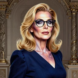 portrait of an absurdly beautiful, graceful, sophisticated, fashionable spanish woman in her 5 0 s, wearing glasses, dark blue top, shoulder length blonde hair, hyperdetailed illustration by irakli nadar and vania zouravliov, matt wisniewski style, intricate linework, day - glow face paint, unreal engine 5 highly rendered, global illumination, radiant light, detailed and intricate environment