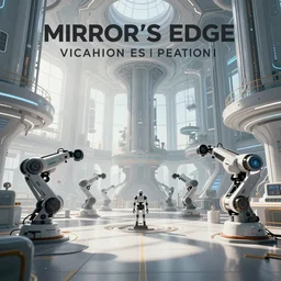 concept art for a video game, a futuristic factory in the style of Mirror\'s Edge, automation robots, very clean, white