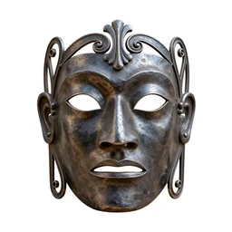 wrought iron tribal mask, clean 3d render, octane render, isolated on a pure white background, centered, entire object in frame, sharp focus, soft studio lighting