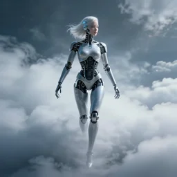 beautiful cyborg disappears into a quantum cloud