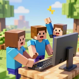 high quality 3d render of block figures looking like roblox figures, while looking at a computer, playing in a block world, having fun in the sun, bright and fun colors, octane render, trending on artstation