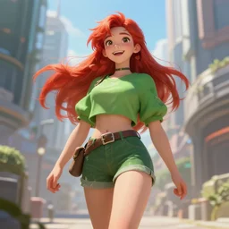 beautiful cute red haired joyful and playful nineteen year old maiden standing up in casual green clothing in a modern city, long hair, athletic body, rpg character, sci - fi, fantasy, intricate, elegant, digital painting, artstation, concept art, smooth, 8 k frostbite 3 engine, ultra detailed, art by artgerm and greg rutkowski and magali villeneuve