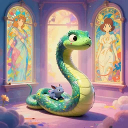 a vibrant emotional 3 d statue of xenomorphic serpent dragon rodent traveling through windows of time, studio ghibli, pixar and disney animation, sharp, disney concept art maximalist splatter paint illustration by shinji kimura and alphonse mucha and alena aenami, pastel color palette, bloom!!, dramatic lighting