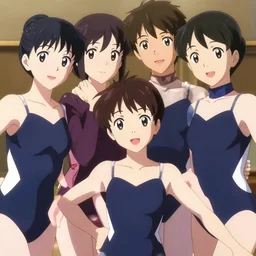 1 9 8 0 s 8 k hd anime shot, close - up, posing together in leotards. by yoshiyuki sadamoto, amagaitaro, makoto shinkai, krenz cushart, asao urata, pixiv