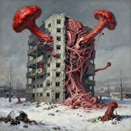 surrealist painting of a brutalist building turning into meat, red fungus, web, post apocalyptic, snowy landscape, painted by beksinski