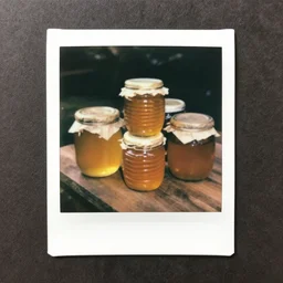 a polaroid of jars of honey
