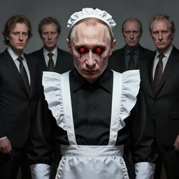 vladimir putin, is horror gremlin ghoul, putin wearing japanese maid dress, red glowing eyes, gothic, macabre face, by donato giancola and greg rutkowski and wayne barlow and zdzisław beksinski, realistic face, digital art