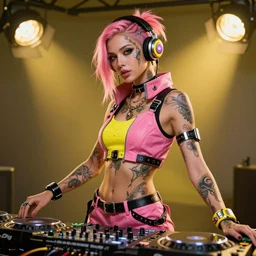 cyberpunk photorealistic character, tech wear outfit, wearables, dj, deejay, female, pink and yellow, edgy, tattooed, awe inspiring, artstation hd, 8 k, detailed, intricate, ornate, studio lights, golden ratio, masterpiece