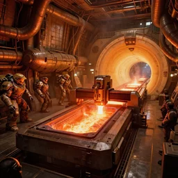 a rectangular rectilinear gigantic cnc machine with a glowing plasma core iron smelting pits, high tech industrial, warm saturated colours, biomechanical giger star wars hallway interior mri machine millennium falcon space-station with massive piping inspired by a nuclear reactor submarine and maschinen krieger, ilm, beeple, star citizen halo, mass effect, starship troopers, elysium