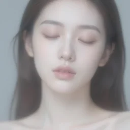 photorealistic portrait of a beautiful young woman, very blurry, out of focus, translucent stone white skin, closed eyes, foggy, closeup