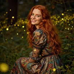 a happy young woman looking over shoulder, intricate detailed dress, among the lights of golden fireflies, sitting in the midst of nature, long loose red hair, bright green eyes, small nose with freckles, triangle shape face, smiling, dreamy scene, golden ratio, high contrast, photo realistic digital art by caravaggio and artgerm.