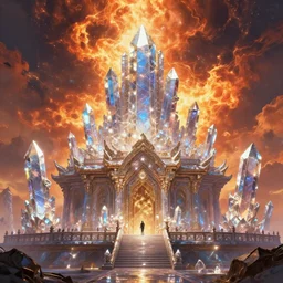 skies are burning above an ancient crystal temple glittering, concept art by Daniel Dociu