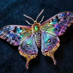 high quality close-up photo iridescent moth! jeweled gorgeous! highly detailed david ligare elson peter cinematic neon lighting high quality low angle hd 8k sharp shallow depth of field