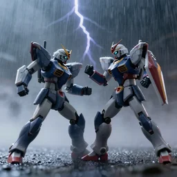 2 mecha warriors battling each other in heavy rain, ground fog, lighting, moody lighting, 8 k, shallow depth of field, cinematic lighting,